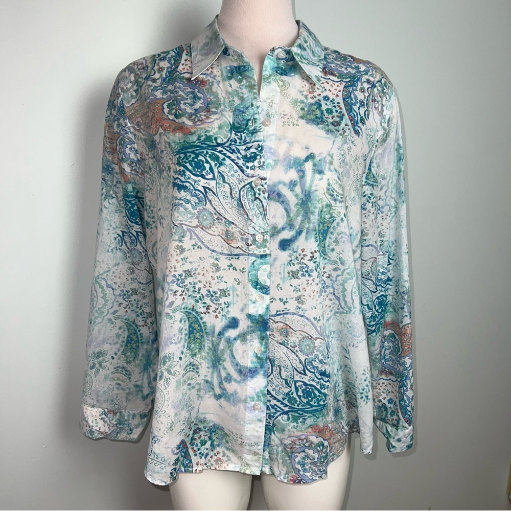 Chico's Paisley Button Front Sheer Blouse Women’s Size Large Cotton Boho Shirt